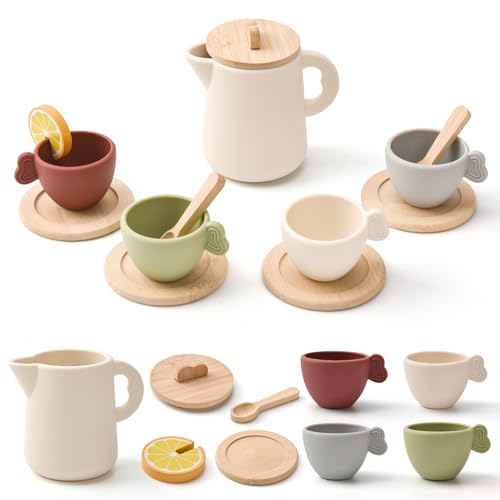 LTFIOON Kindergeschirr Teeservice Set, 13 Stück Teeservice Kinder Silikon Holz Kinderküche Zubehör, Teeparty Spielküche Rollenspiele Puppengeschirr Geschenk für Kinder Mädchen Jungen ab 3 Jahren LTFIOON Kindergeschirr Teeservice Set, 13 Stück Teeservice Kinder Silikon Holz Kinderküche Zubehör, Teeparty Spielküche Rollenspiele Puppengeschirr Geschenk für Kinder Mädchen Jungen ab 3 Jahren von LTFIOON