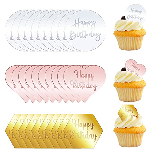 LTHERMELK 30 Stück Happy Birthday Cupcake-Aufsätze, Acrylscheibe, Spiegel, Cupcake Toppers, Sechseck, rund und Herz, Happy Birthday Dekoration von LTHERMELK