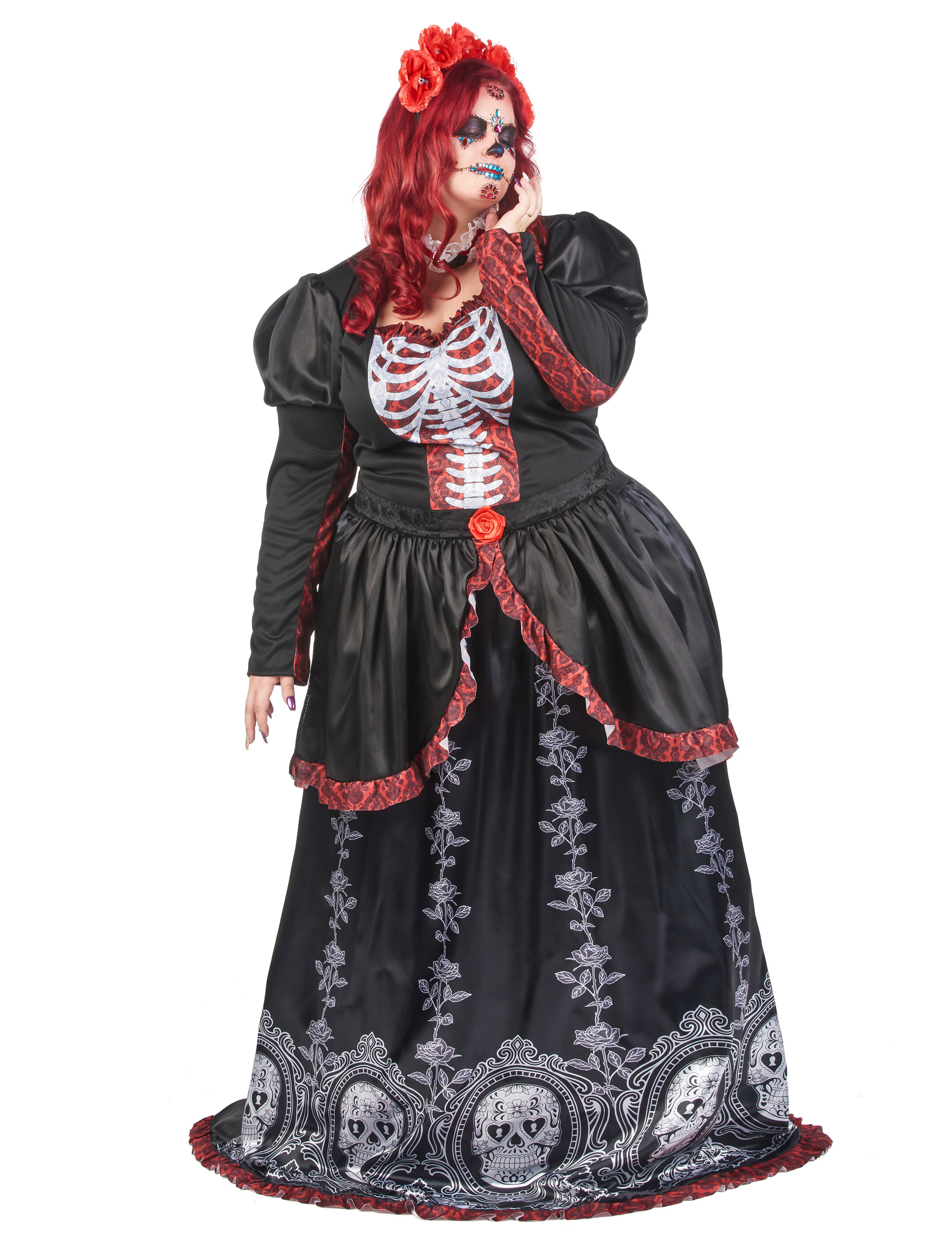 Dia de los muertos Damenkostüm Plus Size für Frauen schwarz-rot von KARNEVAL-MEGASTORE