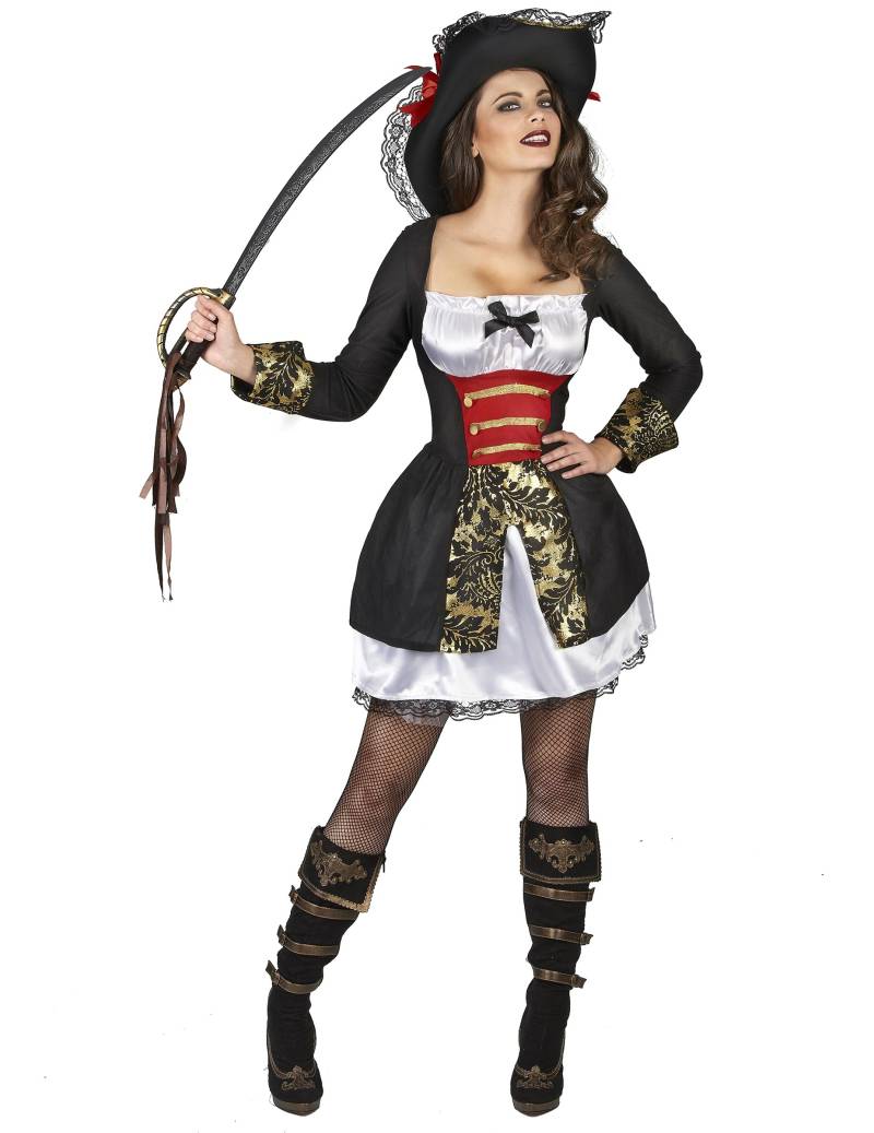 Elegante Korsaren Damen-Verkleidung schwarz-weiß von KARNEVAL-MEGASTORE