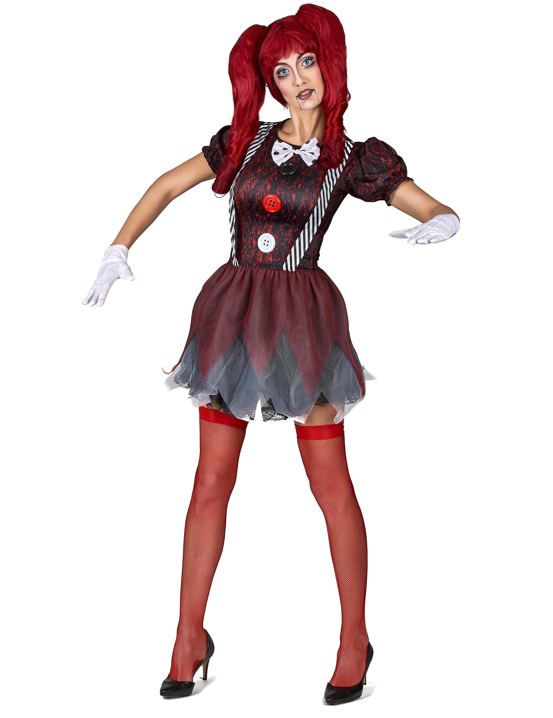 Horror Puppe Damen-Kostüm rot-schwarz-weiss von KARNEVAL-MEGASTORE