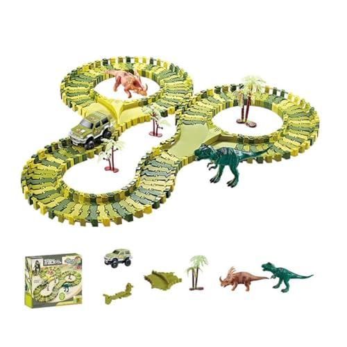 Dinosaur Track Set Toy, Dinosaurier Schienen-Set Spielzeug, Autorennbahn Dino Rennbahn Kinderspielzeug, Flexible Zugbahnen, Dinosaurier Weltrennstrecken Spielset Geschenk für Kinder (120 Stück) von LUCKKY