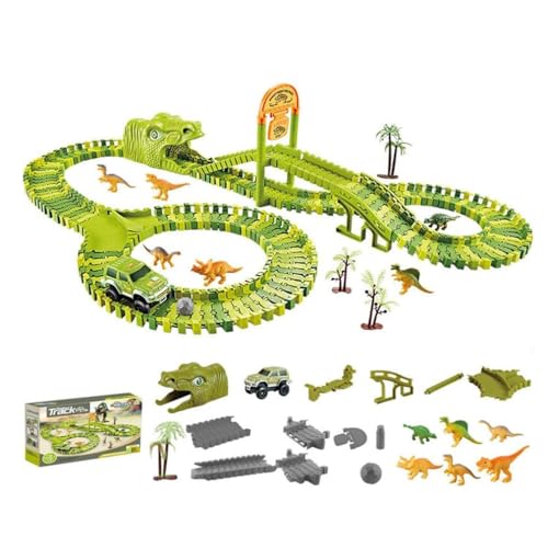 Dinosaur Track Set Toy, Dinosaurier Schienen-Set Spielzeug, Autorennbahn Dino Rennbahn Kinderspielzeug, Flexible Zugbahnen, Dinosaurier Weltrennstrecken Spielset Geschenk für Kinder (168 Stück) von LUCKKY