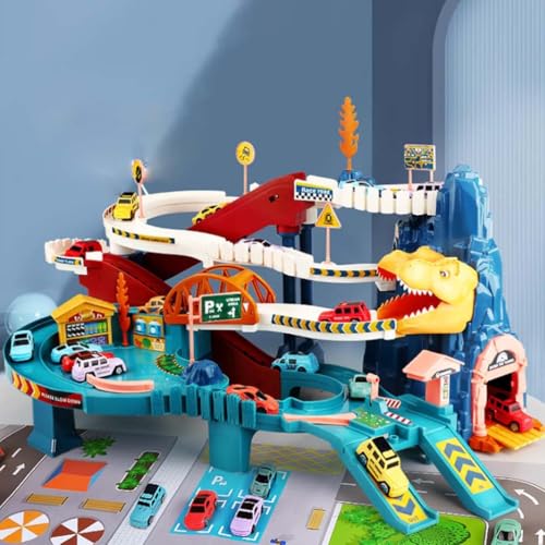 Full Size Dinosaur Race Track, Dinosaurier Spielzeug Autorennbahn Rennbahn- Kinderspielzeug, Flexibler Rennbahnen für Kinder, Dinosaurier-Kletterhügel-Autobahn-Spielset mit 8 Mini-Autos von LUCKKY