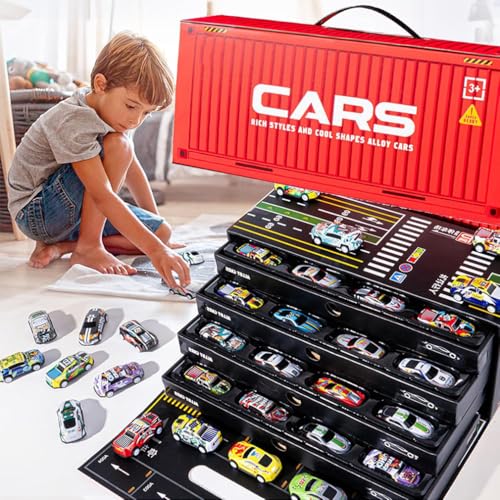 LUCKKY 48 Alloy Racing Car Toys - Pull Back Race Cars Toy Set, Spielzeugautos für Kinder, Mini Metall Reibungsangetriebene Spielzeugautos, Aufbewahrungsbox Auto Partygeschenke (Rot) von LUCKKY