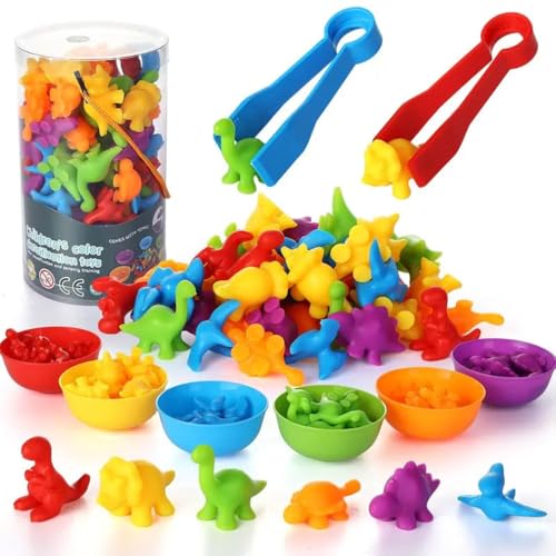 LUCKKY Counting Dinosaurs Toy, Montessori Dinosaurier Farberkennungs Spielzeug, Mathe Zählen Spielzeug mit Passender Schale and Pinzette, Motorikspielzeug Lernspielzeug Geschenk für Kinder (B) von LUCKKY