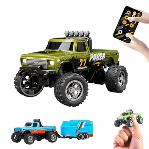 LUCKKY Mini RC Truck, Ferngesteuertes Auto, 2,4 GHz RC Auto Offroad mit Leuchten, 1:64 RC Auto Kinder, Truck Ferngesteuertes Auto, Mini Alloy Truck Rc Geschenk für Jungen und Mädchen (Grün) von LUCKKY