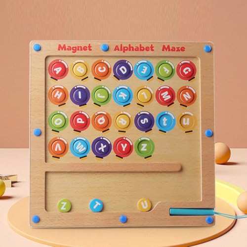 Magnetic Alphabet Maze Toy, Magnetische Alphabet Labyrinth Spielzeug, Montessori Spielzeug Lernspielzeug Feinmotorik Puzzle Board Holzspielzeug, Farbe und Zahl Labyrinth Geschenke Spielzeug (A) von LUCKKY