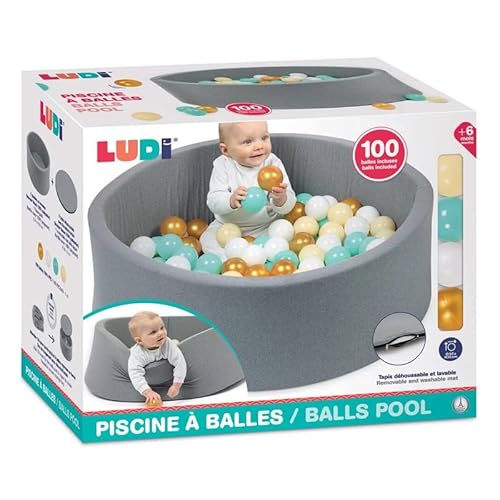 LUDI - Runder Ballpool aus Schaumstoff – Ø 90 cm x H 30 cm – für Babys ab 6 Monaten – 100 Bälle enthalten – weicher und waschbarer Stoff – Farbe Grau – fördert die Motorik und Koordination – einfach von LUDI