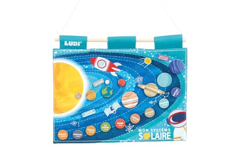 LUDI - Solarsystem – zum Lernen und Erkunden des Universums – ab 5 Jahren – 21 abnehmbare Elemente, 1 Lernblatt – phosphoreszierende Stickereien – Aufbewahrungstasche – 40 x 30 x 1 cm von LUDI