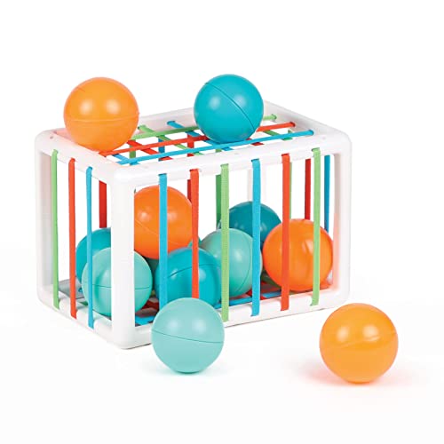 Ludi Babywürfel – Spielzeug für Babys – ab 10 Monaten – entwickelt Denken, Feinmotorik, Berührung und Entdeckung – 1 elastischer Würfel + 12 orangefarbene und Blaue Bälle mit lustigem Klang von LUDI