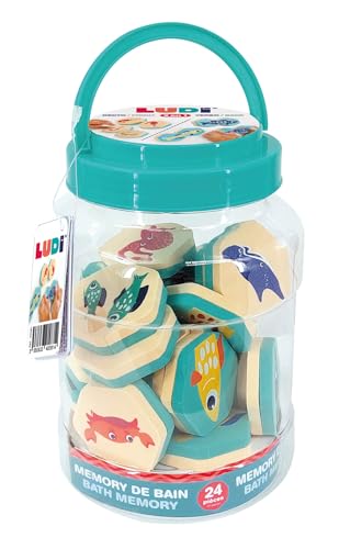 Ludi - Badememorie, 2-in-1, Set zum Zusammenbauen von Tierpaaren und Puzzle, ab 18 Monaten, 24 Teile aus wasserfestem Schaumstoff, inklusive Aufbewahrungsbehälter, Meeresmotiv von LUDI