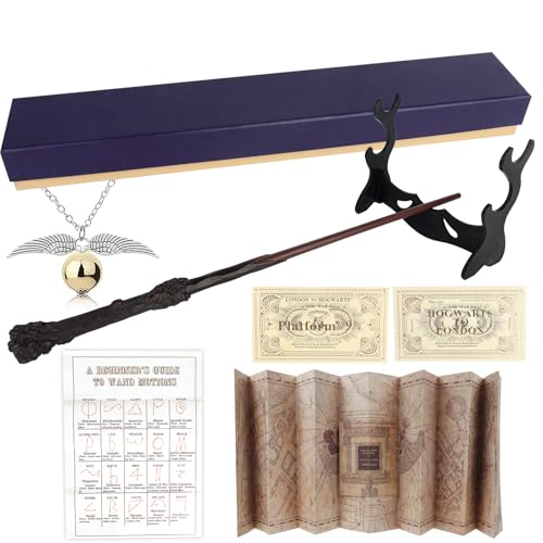 LUFEIS H-A-R-R-Y Zauberstab, 35cm Magic Wand HPotter, Zauberstab aus Harz und Stahlkern, Deluxe Zauberstab, HPotter Geschenkbox mit Landkarte,Fahrkarte und Zauberstabhalter Schwarz von LUFEIS