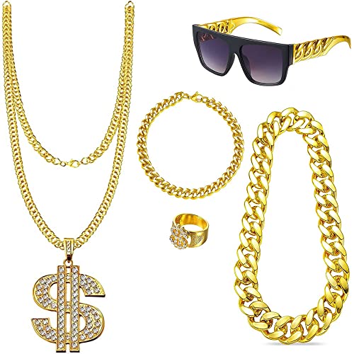 LUFEIS 5 Stück Dollar Kette Set, Hip Hop Kostüm Set, mit Rapper Kette, Hip Hop Ketten, Hip Hop Dollar Ring, Rockstar Brille, Fasching & Karneval für 70er, 80er, 90er Jahre Accessoires von LUFEIS