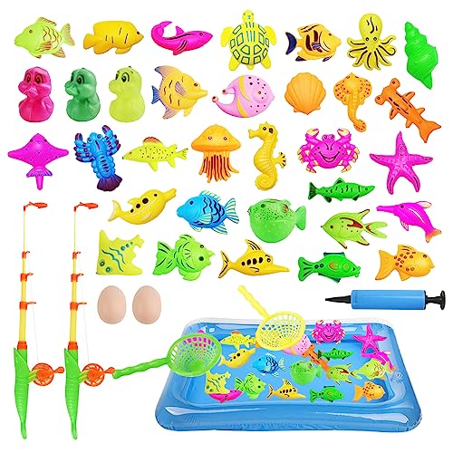 LUFEIS Angeln Spielzeug, 41PCS Angelspiel für Kinder Wasser,Magnet Angelspiel für Kinder ab 3 Jahre,Baby Badespielzeug Wasserspielzeug mit Angeln und Aufblasbarer Fischteich Angeln Geschenk fürKinder von LUFEIS