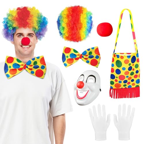 LUFEIS Clown Kostüm Set, 6 Stück Clown Kostüm Accessoires, Clown Kostüm Perücke, Kostüm Clown Erwachsene, Clownmaske Clownsnase Clowntasche Bunte Fliege Handschuhe für Karneval Halloween Cosplay von LUFEIS