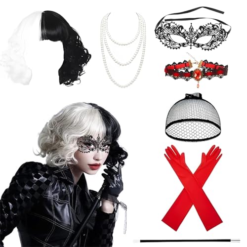 LUFEIS Cruella Kostüm Damen, 7PCS Cruella Kostüm Set, Cruella De Vil Kostüm mit Cruella Perücke, Halterung, Handschuhe, Halskette, Spitze Maske, Kostüm Cruella De Vil, für Karneval Halloween Cosplay von LUFEIS