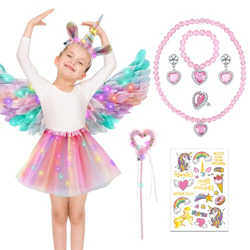 LUFEIS Einhorn Kostüm Kinder, Einhorn Cosplay Set mit mit 60cm Bunt Federflügel Engelsflügel, Tüllrock, Haarreif Zauberstab, Armbandschmuck, Einhornaufkleber, LED Prinzessinnenkleid für Kinder von LUFEIS