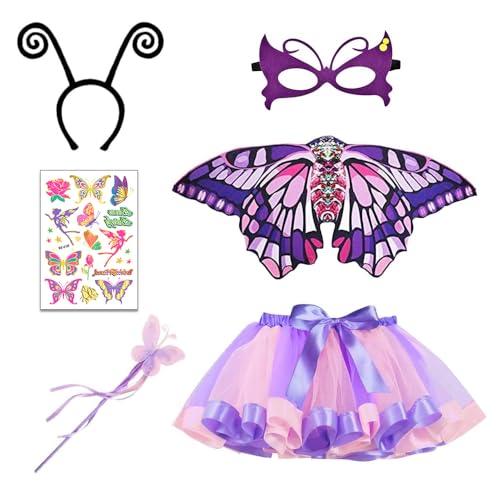 LUFEIS Feen Schmetterling Kostüm Kinder Mädchen, 6 Stück Schmetterling Kostüm Kinder mit Flügeln Maske Schmetterling-Tattoo und Stirnband, für Kinder Karneval Fasching Cosplay von LUFEIS