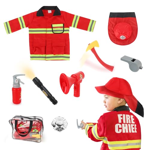 LUFEIS Feuerwehr Kostüm Kinder, Feuerwehrmann Kostüm Kinder, Waschbares Feuerwehr Rollenspiel Set, mit Feuerlöscher Feuerwehrhelm Feuerwehrmann Spielzeug, Feuerwehrmann Kind Fasching Karneval von LUFEIS