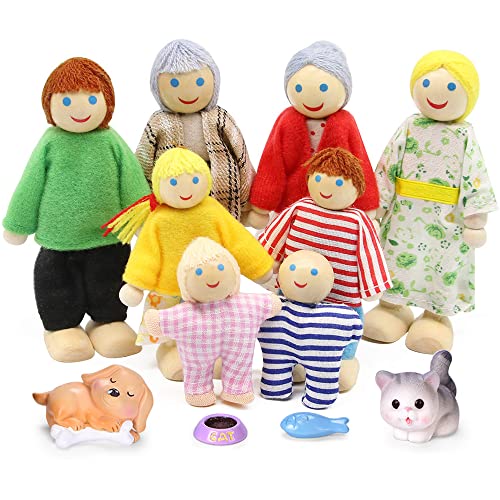 LUFEIS Puppenhaus Puppen, Puppen für Puppenhäuser Familie, Puppenfamilie Komplett Set mit Hund Katze, Biegepuppen Puppenhaus 8 Personen, Puppenhaus Figuren Holz für Pretend Puppenhaus Zubehör Geschenk von LUFEIS