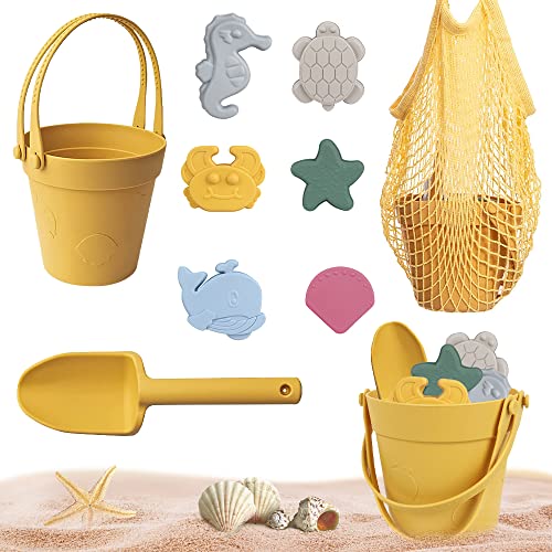 LUFEIS Sandspielzeug Set, 8 Stück Sandspielzeug Set aus Silikon, Strandspielzeug für Kinder, mit Eimer, Netzbeutel, Sandformen, Weichem Kunststoff Spielzeug Strand für Outdoor Spielzeug von LUFEIS