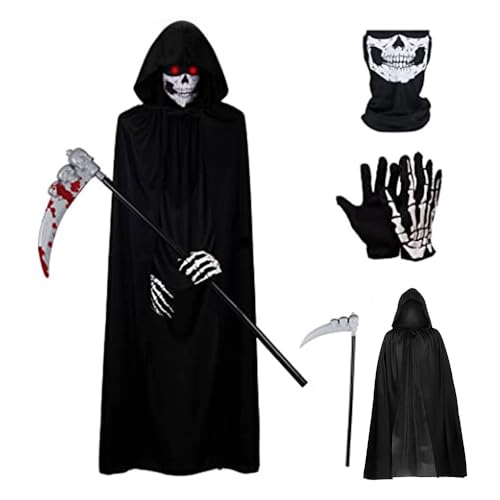 LUFEIS Sensenmann Kostüm Kinder, Unisex Kostüm Sensenmann, Halloween Teufel Kostüm, Teufel Umhang, mit Schädelmaske, Sense, Handschuhen, für Mottoparty Cosplay, Karneval, Halloween von LUFEIS