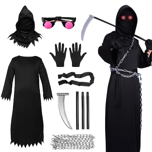 LUFEIS Sensenmann Kostüm Kinder, Unisex Kostüm Sensenmann, Sensenmann Kostüm Halloween, Sensemann Kostüm Set, mit leuchtenden Augen,Hochwertige Handschuhe,Sense,für Halloween Dekoration(105 cm) von LUFEIS