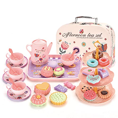 LUFEIS Teeservice Kinder, Tee Party Set, Puppengeschirr Metall, Holz Tee Set Kinder, Girls Tea Set für Kinder mit Koffer, Pretend Spielen Lebensmittel Küchenspiele Set für Jungen Mädchen ab 3 Jahre von LUFEIS