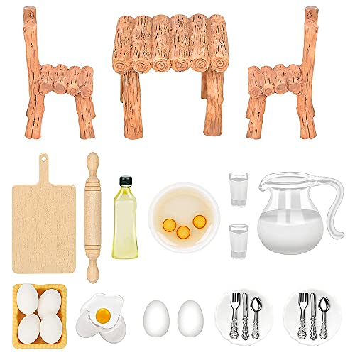 LUFEIS Wichtel Zubehör, Puppenhaus Zubehör, 22 Stück Puppenbesteck Miniatur Eier Milchbrot An Bord Puppenhaus Küche Backset Zubehör Miniatur Möbel Miniatur Tisch Miniatur Nudelholz Set von LUFEIS