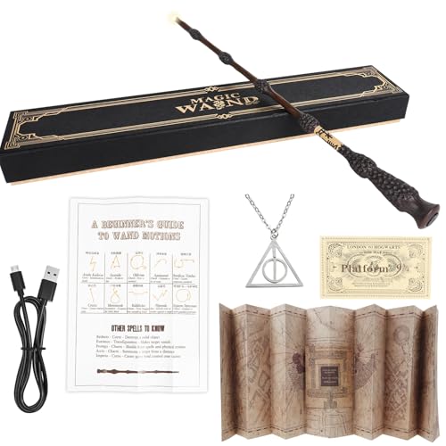 LUFEIS Dumbledore Zauberstab, 38CM Elderstab Zauberstab Glühen, USB Aufladung Zauberstab Dumbledore In Geschenkbox, Zauberstab Kinder mit Zauberspruch-Karte, Stationsticket und Halskette von LUFEIS