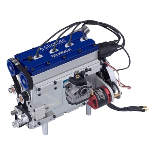 LUGEZ Vollmetall-Motor-Modell-Bausatz, der funktioniert, ENJOMOR 36cc DOHC Inline-Vierzylinder-Viertakt wassergekühlt elektrisch gestartete Benzinmotor-Modell - Blue von LUGEZ