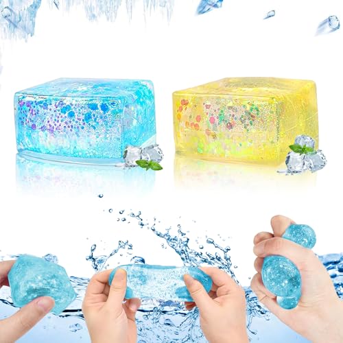 LUHOCIY 2 Stück Stressballs für Kinder und Erwachsene Fidget Spielzeug, Eiswürfel-Fidget Toys, Squeeze Cube Stressbälle Kinder Spielzeug (Gelb Blau) von LUHOCIY