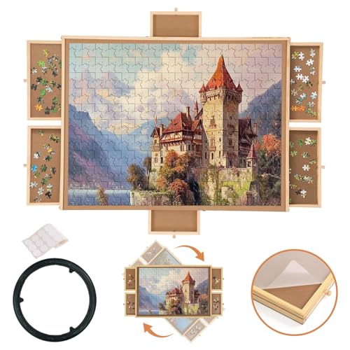 LUIIKEN 1500 Teile Drehbarer Puzzletisch mit 6 Schublade und Deckel, 92x72cm Leichtes Design Lazy Susan Puzzlebrett, Puzzle 1500 Teile Einfache Lagerung von LUIIKEN