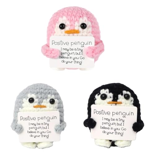 3 Pc Mini Lustiger Positiver Pinguin, Süßer Gestrickter Positiver Pinguin, Emotionale Unterstützung Häkelpuppe Jubelgeschenk Mit Positiver Karte, Mini gestrickter Taschenpinguin, Heimdekoration von LUISAS