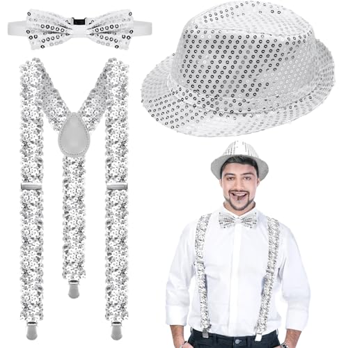 LUKIUP 70er JahreDisco Outfit Herren Accessories, 70er Jahre Glitzer Outfit Herren Set mit Pailletten Hut Sliver,Glitzer Krawatte und Fäustling für Fasching Party, Jazz Dance Performence von LUKIUP