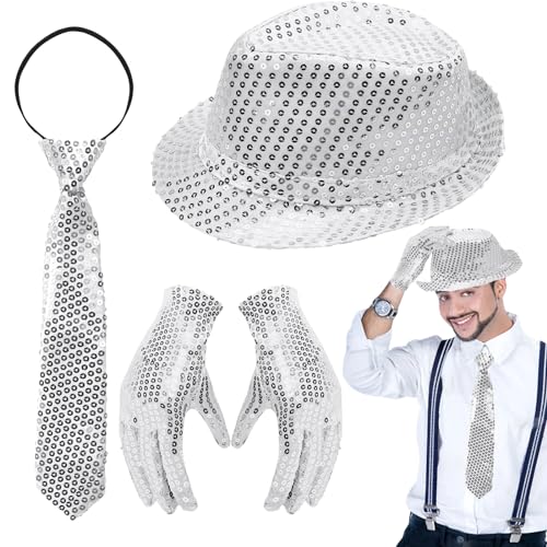 3 Piezas Accesorios Discoteca Años 70, Purpurina Accesorios Disfraz Disco, Sombrero Plateado Corbata de Lentejuelas Guantes para Carnaval Fiestas Rave, Jazz, Hip-hop Actuaciones y el Baile von LUKIUP