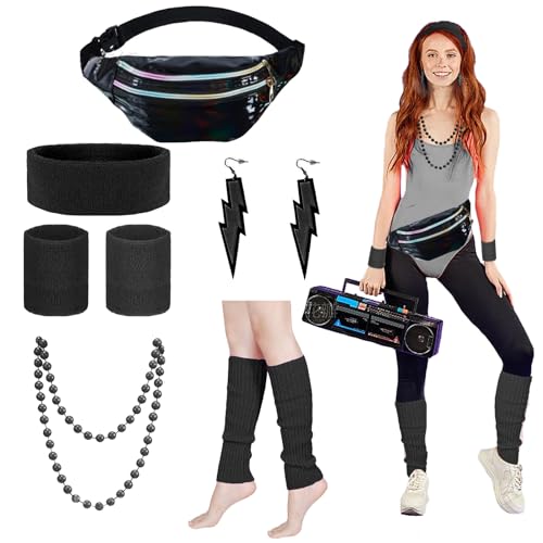 LUKIUP 90er 80er Jahre Outfit Damen Set, Schwarz 80er Jahre Accessoires mit Gürteltasche, Stirnband, Ohrring, Halskette, Handschuhe, 80er Kostüm für Neon Thema Party Karneval Frauen von LUKIUP