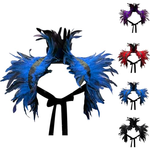 LUKIUP Karneval Blau Gothic Federumhang, Natürliche Feder Shrug Schal Poncho Kragen, Victorian Flügel Kostüm, für Halloween Maskerade Cosplay Kostüm von LUKIUP