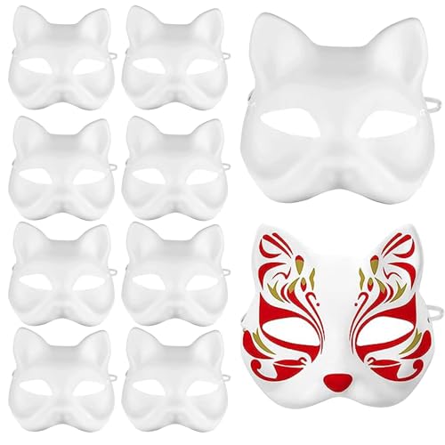 LUKIUP 10 Stück DIY Weiße Katze Maske, Tiermaske Maske, Halloween Maske, Theathermaske zum Bemalen Unbemalt Masken für Kinder Erwachsene Karneval, Fasching, Party Cosplay von LUKIUP