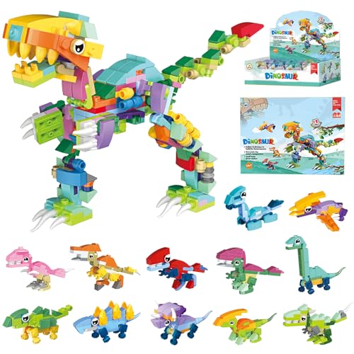 LUKIUP 12 Stück Mini Bausteine Dinosaurier Kinder Spielzeug, Dino Bausteine Spielzeug 12 IN 1 Block Spielzeug Set, Baustein Spielzeug Kinder Party Geschenk, für Spielzeug ab 4 Jahre Mädchen und Jungen von LUKIUP