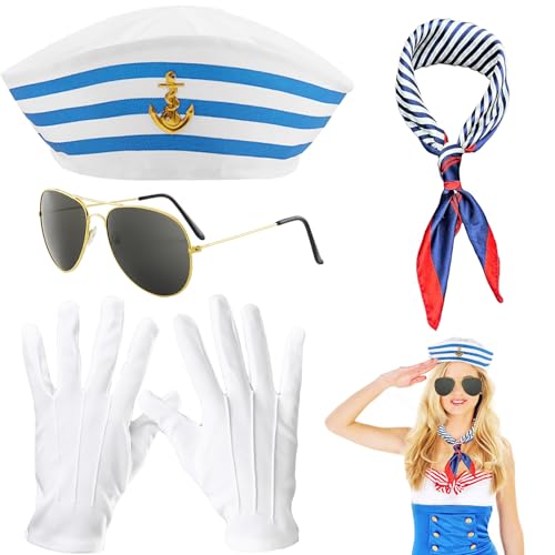 LUKIUP 4 Stück Kapitänsmütze, Kapitän Matrosen Kostüm Set, Streifen Matrosenmütze und Schal Set, Marine Outfit, Erwachsene Halloween Weihnachten Ostern Party Dekoration Kostüm Zubehör von LUKIUP