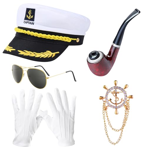 LUKIUP 5 Stück Yacht Kapitän Hut Kostüm Set, Verstellbare Kapitänsmütze, Sonnenbrille, Handschuhe, Holzpfeife, Matrosenmütze, Abzeichen für Partys Cosplay, für Karneval Mottoparty Cosplay von LUKIUP