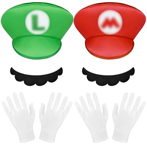 LUKIUP 6 Stück Mario und Luigi Mütze, Mario Costume Zubehör, Rot/GrünMario Hat Mit Handschuhen und Klebe-Bärten, Mario Kostüm Set für Junge Mädchen Erwachsener, für Cosplay Karneval Weihnachten von LUKIUP