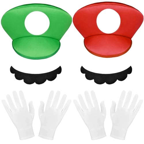 LUKIUP 6 Stück Mario und Luigi Mütze, Mario Costume Zubehör, Rot/GrünMario Hat Mit Handschuhen und Klebe-Bärten, Mario Kostüm Set für Junge Mädchen Erwachsener, für Cosplay Karneval Weihnachten von LUKIUP