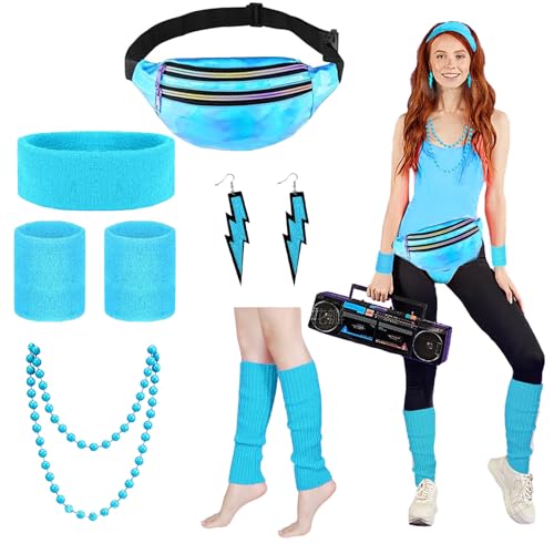 LUKIUP 90er 80er Jahre Outfit Damen Set, Blau 80er Jahre Accessoires mit Gürteltasche, Stirnband, Ohrring, Halskette, Handschuhe, 80er Jahre Kleidung Kostüm für Neon Thema Party Karneval Damen Frauen von LUKIUP