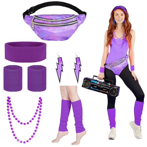 LUKIUP 90er 80er Jahre Outfit Damen Set, Lila 80er Jahre Accessoires mit Gürteltasche, Stirnband, Ohrring, Halskette, Handschuhe, Kleidung Kostüm für Neon Thema Party Karneval Damen von LUKIUP