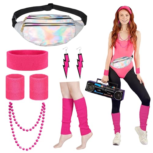 LUKIUP 90er 80er Jahre Outfit Damen Set, Rosa 80er Jahre Accessoires mit Gürteltasche, Stirnband, Ohrring, Halskette, Handschuhe, Kleidung Kostüm für Neon Thema Party Karneval Damen von LUKIUP