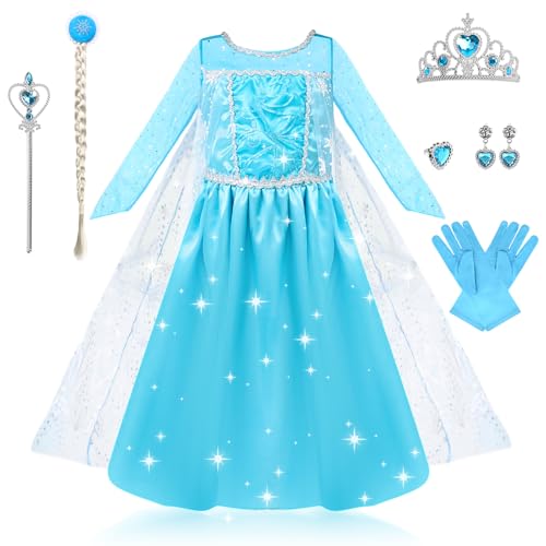 LUKYLUM Prinzessin Kostüm Mädchen, Kinder Prinzessin Kleid Mädchen mit Krone Zauberstab, Prinzessinnenkleider für Mädchen Geburtstag Verkleidung Party Hochzeit Karneval Cosplay Weihnachten, Blau 110 von LUKYLUM