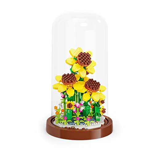 LULUFUN Bauklötze Blumen Blumenstrauß Set mit staubgeschützter Kuppel, DIY Simulation künstliche Partikel Blume Sammlung BAU Bauklötze Spielzeug, Home Decors (Sonnenblume) von LULUFUN